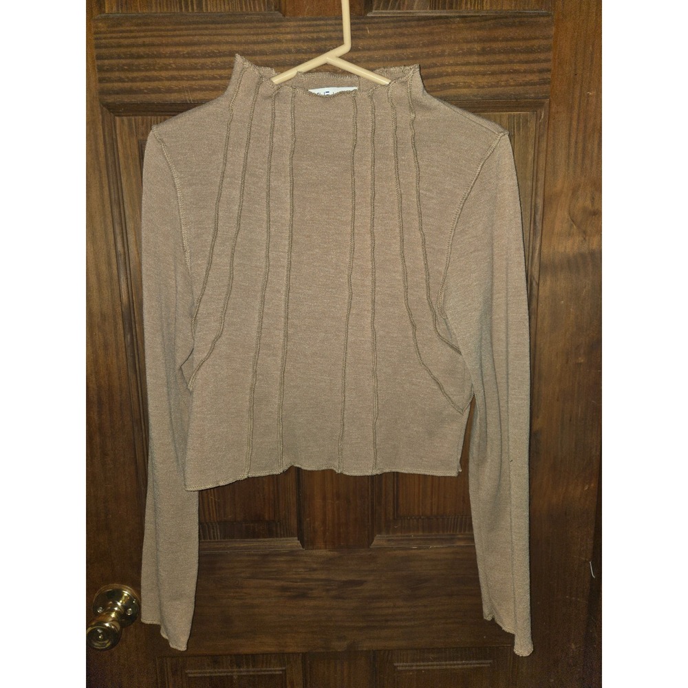 She + Sky Tan Mock Neck Long Sleeve‎ Ribbed Crop Top Exposed Seams SS7867 Large